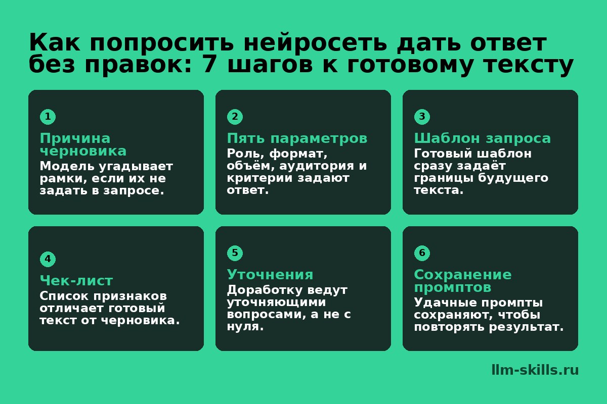 Инфографика: Как попросить нейросеть дать ответ без правок: 7 шагов к готовому тексту. Модель угадывает рамки, если их не задать в запросе. Роль, формат, объём, аудитория и критерии задают ответ. Готовый шаблон сразу задаёт границы будущего текста. Список признаков отличает готовый текст от черновика. Доработку ведут уточняющими вопросами, а не с нуля. Удачные промпты сохраняют, чтобы повторять результат.