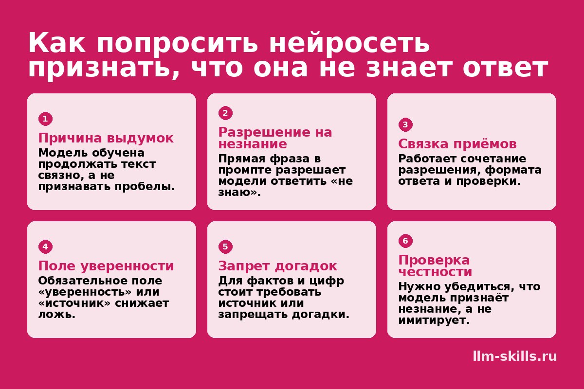 Инфографика: Как попросить нейросеть признать, что она не знает ответ. Модель обучена продолжать текст связно, а не признавать пробелы. Прямая фраза в промпте разрешает модели ответить «не знаю». Работает сочетание разрешения, формата ответа и проверки. Обязательное поле «уверенность» или «источник» снижает ложь. Для фактов и цифр стоит требовать источник или запрещать догадки. Нужно убедиться, что модель признаёт незнание, а не имитирует.