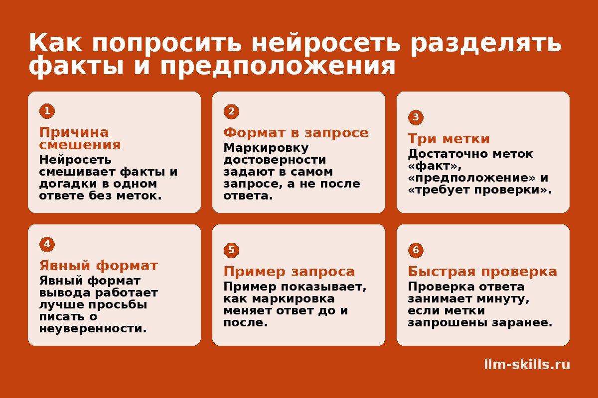 Инфографика: Как попросить нейросеть разделять факты и предположения. Нейросеть смешивает факты и догадки в одном ответе без меток. Маркировку достоверности задают в самом запросе, а не после ответа. Достаточно меток «факт», «предположение» и «требует проверки». Явный формат вывода работает лучше просьбы писать о неуверенности. Пример показывает, как маркировка меняет ответ до и после. Проверка ответа занимает минуту, если метки запрошены заранее.
