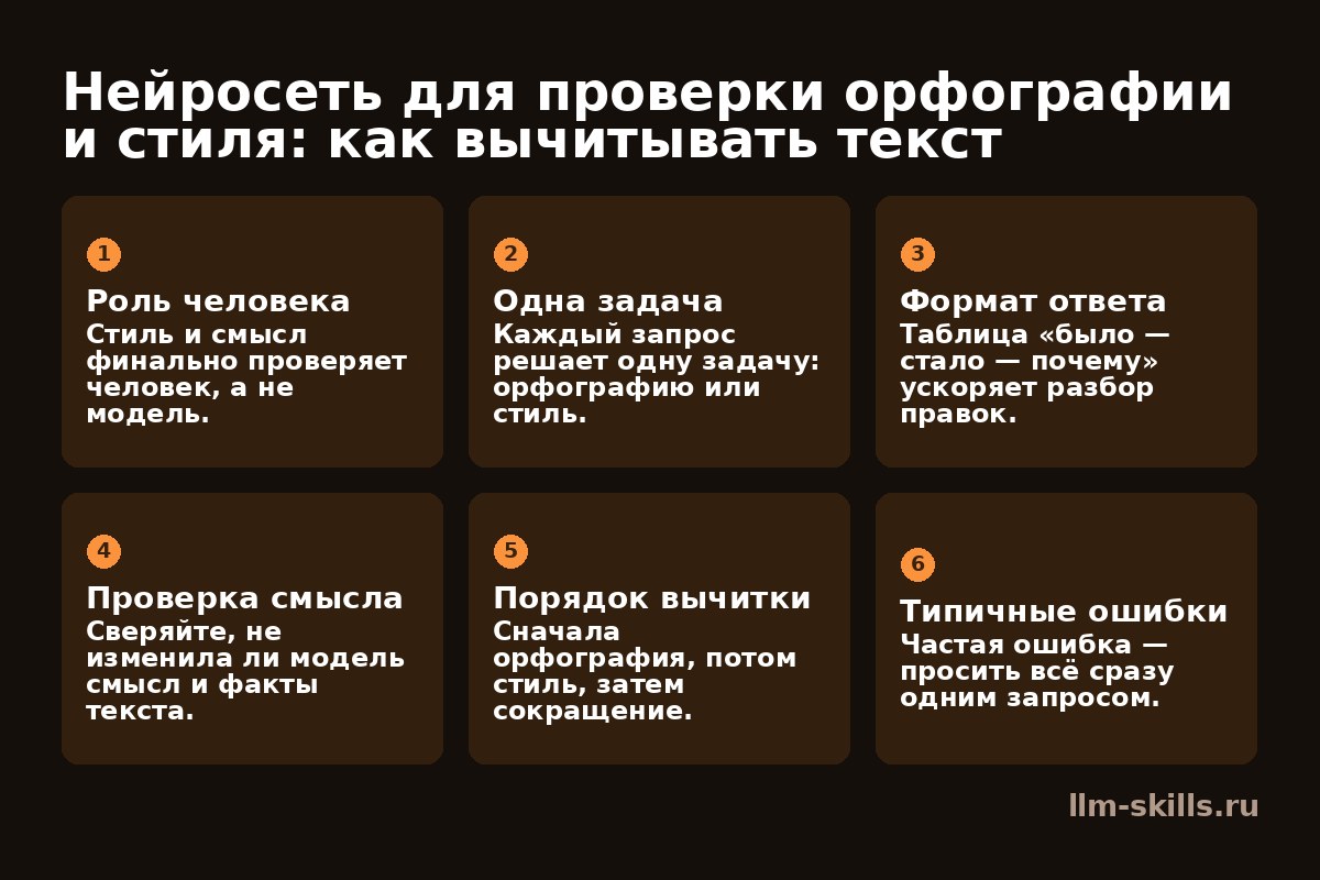 Инфографика: Нейросеть для проверки орфографии и стиля: как вычитывать текст. Стиль и смысл финально проверяет человек, а не модель. Каждый запрос решает одну задачу: орфографию или стиль. Таблица «было — стало — почему» ускоряет разбор правок. Сверяйте, не изменила ли модель смысл и факты текста. Сначала орфография, потом стиль, затем сокращение. Частая ошибка — просить всё сразу одним запросом.